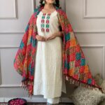 Handwork Chikankari cotton kurta pant set with printed silk dupatta for women